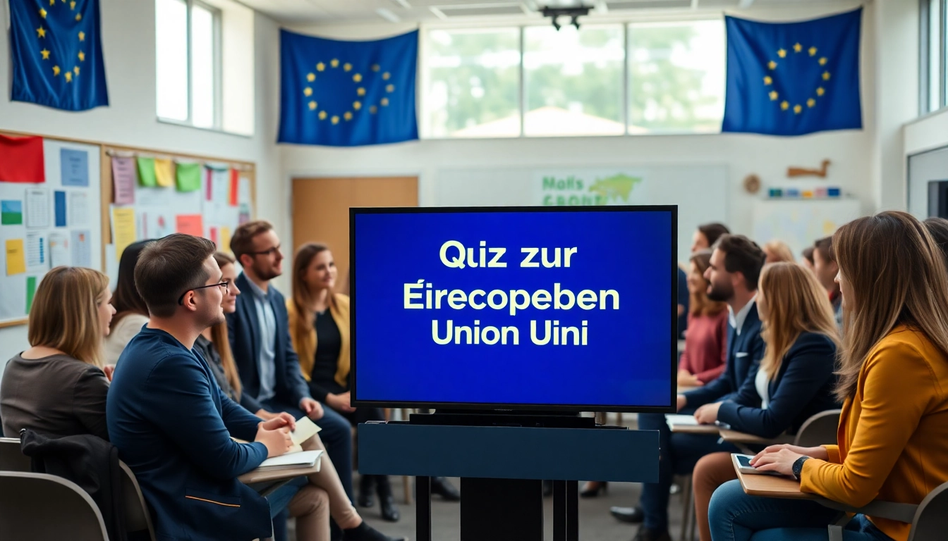 Begeisterte Teilnehmer beim Quiz zur Europäischen Union in einer freundlichen Umgebung.
