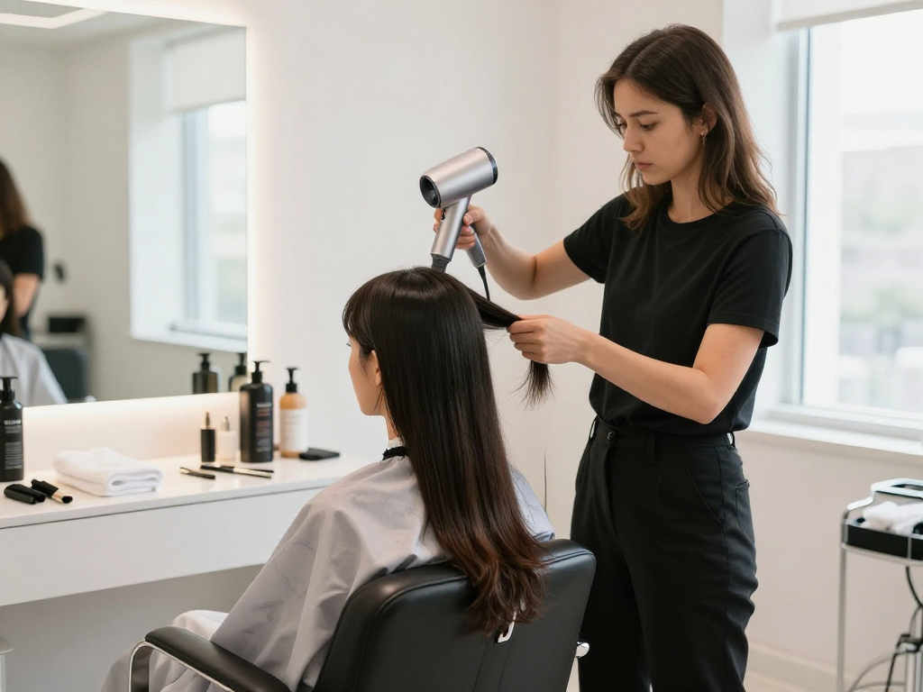 Stylist using a mini hair dryer on client in a modern bathroom salon.