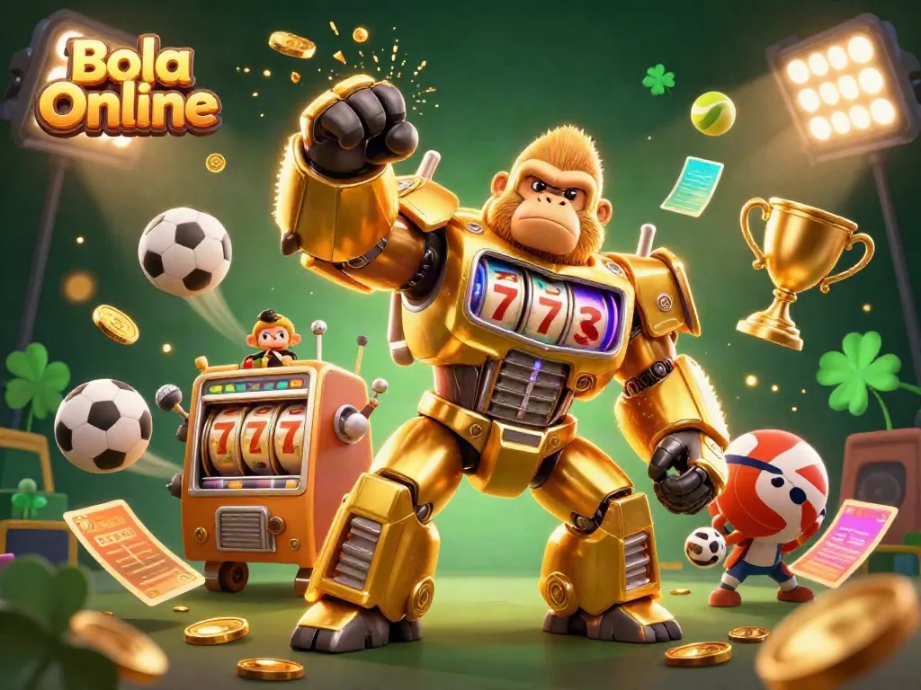 Bola Online features an explosive scene with a golden mech and flying sports balls in an energetic gaming atmosphere