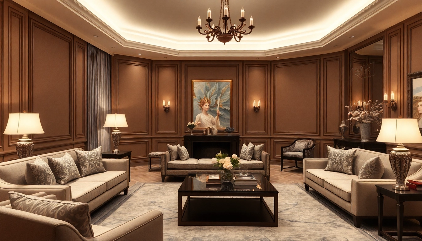 Luxury living room adorned with elegant furnishings and warm lighting creating a serene ambiance.