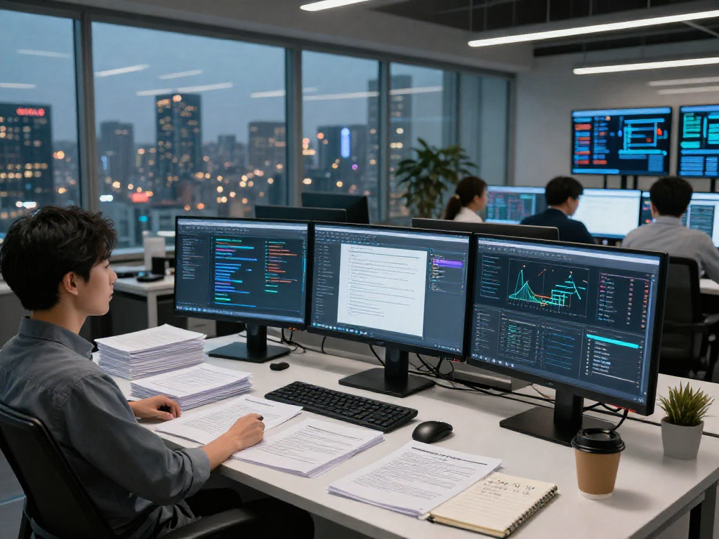 Document fraud detection analysis in a high-tech office with multiple monitors displaying AI algorithms.