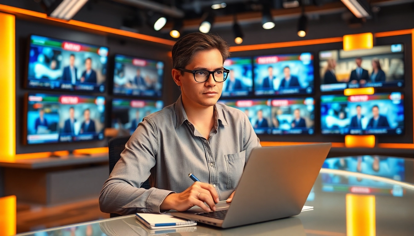 Aktuelle Meldungen werden von einem Journalisten in einem modernen Newsroom bearbeitet.