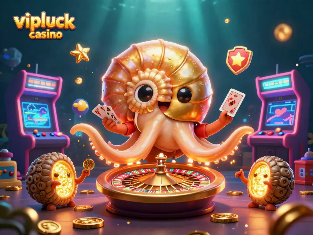 Experience the thrill of vipluck casino with a vibrant 3D illustration featuring a giant nautilus roulette and glowing elements.