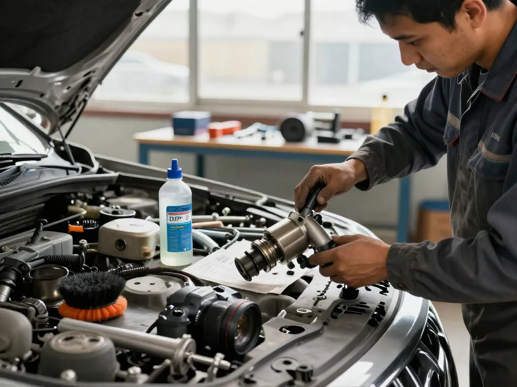 Mechaniker bei der DPF-Reinigung in einer gut beleuchteten Werkstatt, umgeben von Reinigungswerkzeugen.