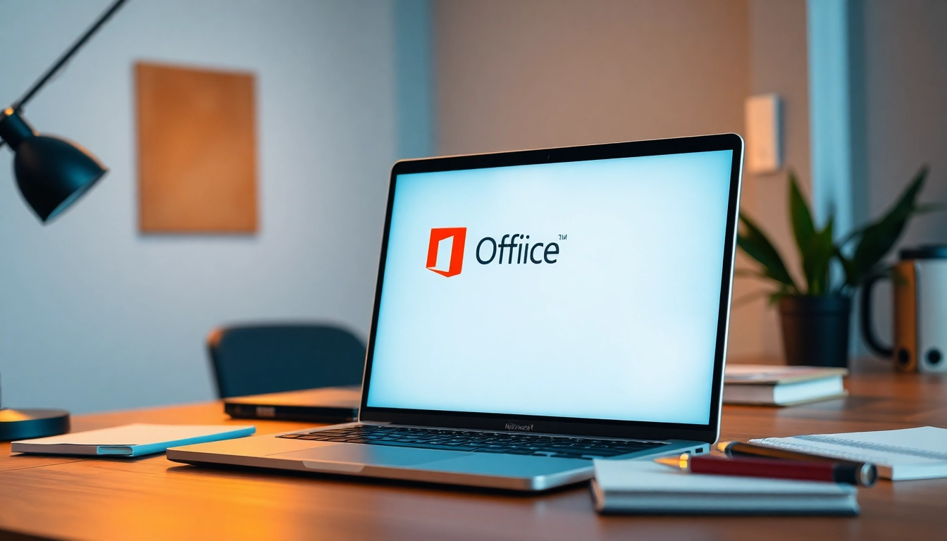 Microsoft Office 2024 Vollversion kaufen: Professioneller Arbeitsplatz mit Laptop und Software im Fokus.