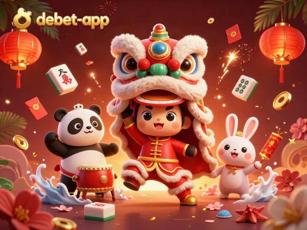 Engage with the vibrant visual of debet-app showcasing dynamic Chinese New Year themed casino elements and characters.