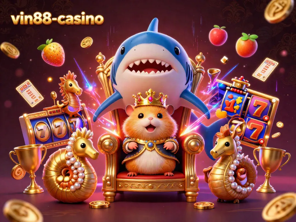 vin88-casino showcases a dynamic gaming scene featuring a golden hamster king and slot game elements.