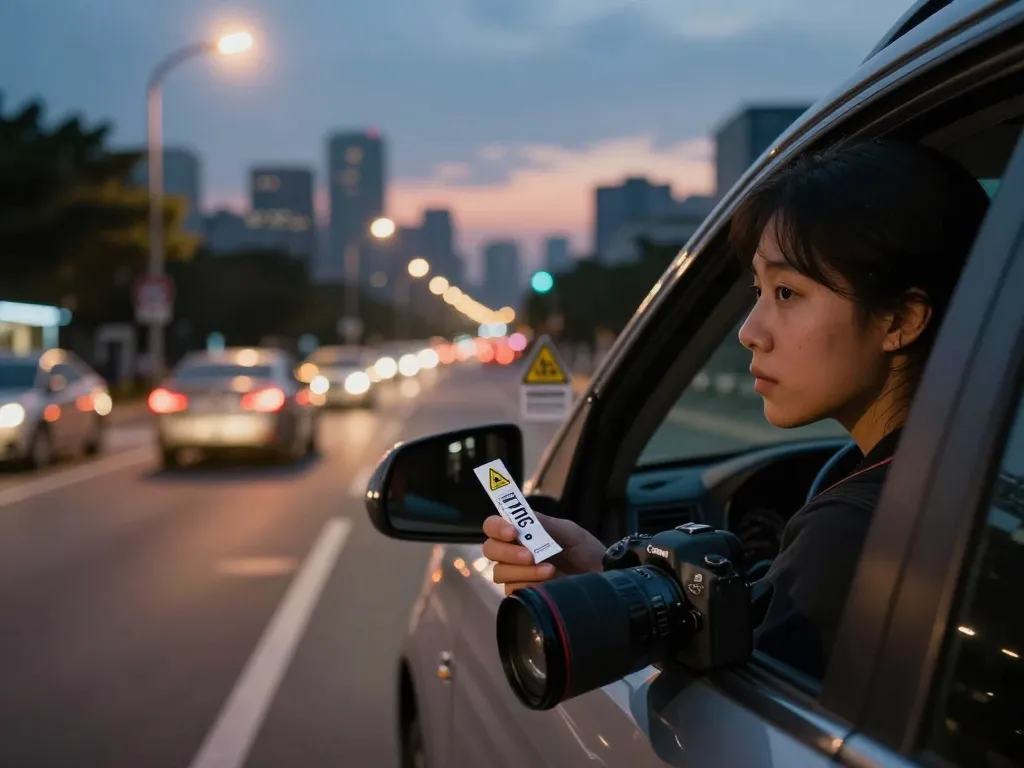 Cannabis auto fahren: städtische Fahrszene mit einer Person, die über eine Cannabis-Rezeptnachfüllung im Stadtverkehr bei Nacht nachdenkt.