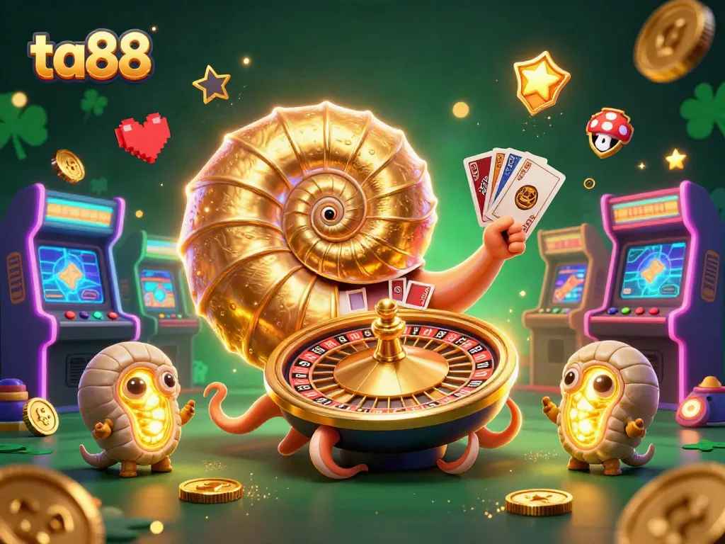 Experience winning thrills with ta88 in this vibrant casino illustration showcasing card games and arcade excitement.