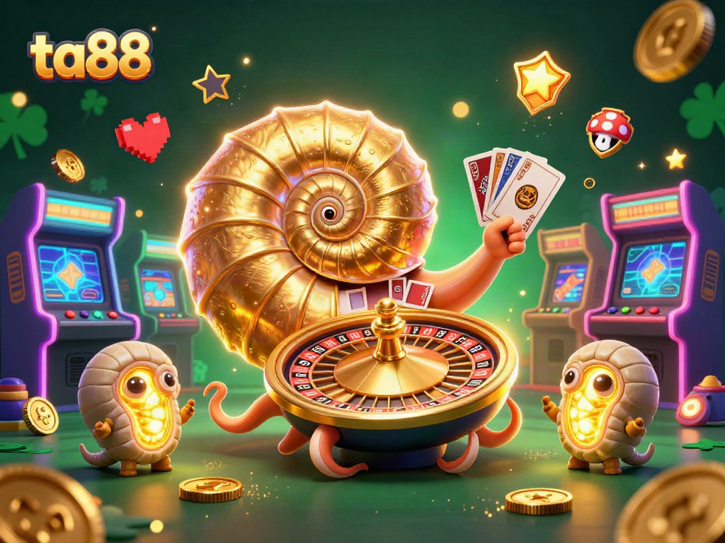 Experience winning thrills with ta88 in this vibrant casino illustration showcasing card games and arcade excitement.