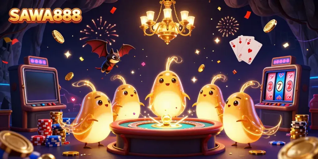 The SAWA888 casino scene with glowworms lighting a cave, vibrant gems, and celebrating confetti.