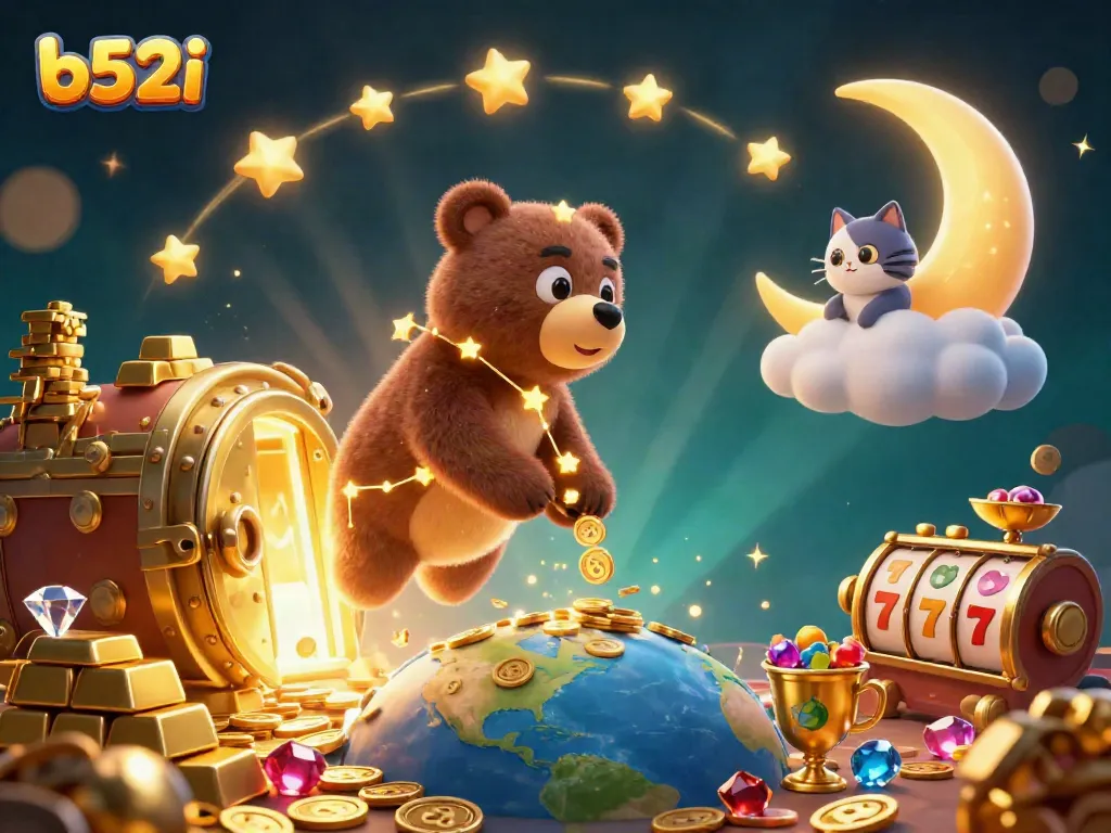 Experience thrilling b52i slots with a constellation bear and treasure in a magical casino realm.