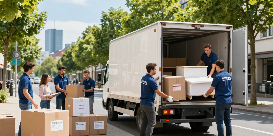 Umzugsunternehmen Darmstadt: professionelle Umzugshelfer packen Möbel sicher in einen Transporter.
