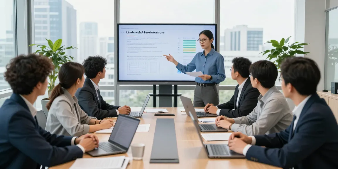 Professionelles Teammeeting zur anonymen Chef-Bewertung in modernem Büro mit Präsentation und Laptopanwendungen.