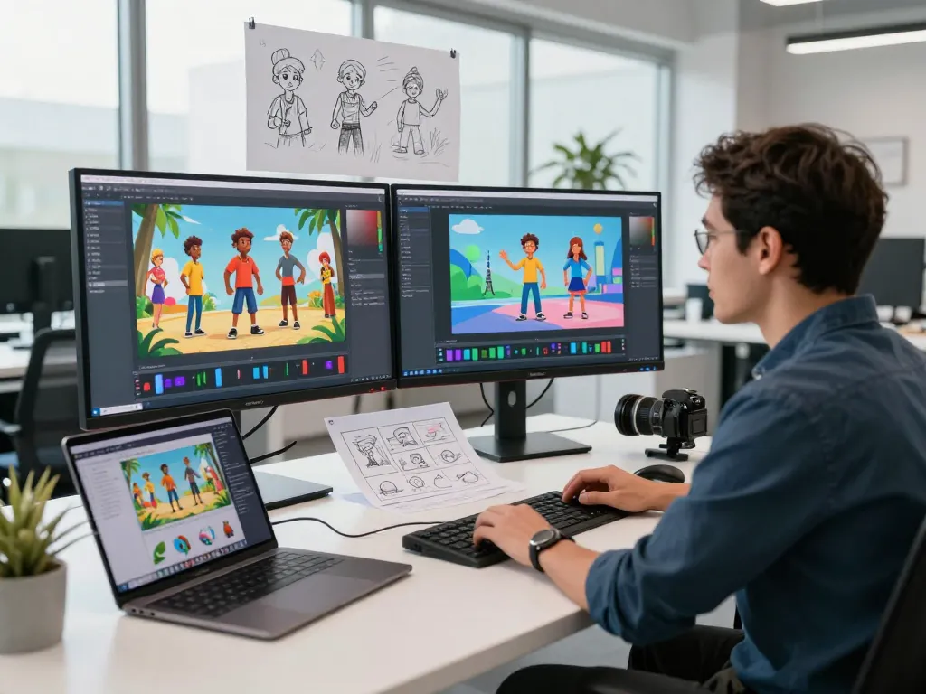 Engaging workspace demonstrating motion control technology with animated character manipulation on dual displays and creative tools at hand.