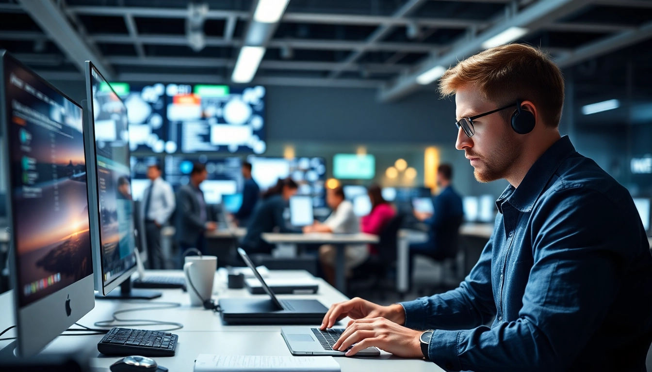 Software Hilfe am Arbeitsplatz mit Techniker und moderner Technologie.