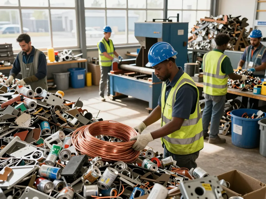 Aktives Recyclingzentrum, das sich auf Schrotthandel konzentriert und verschiedene Arbeiter zeigt, die Schrottmetall in einer nachhaltigen Umgebung sortieren.