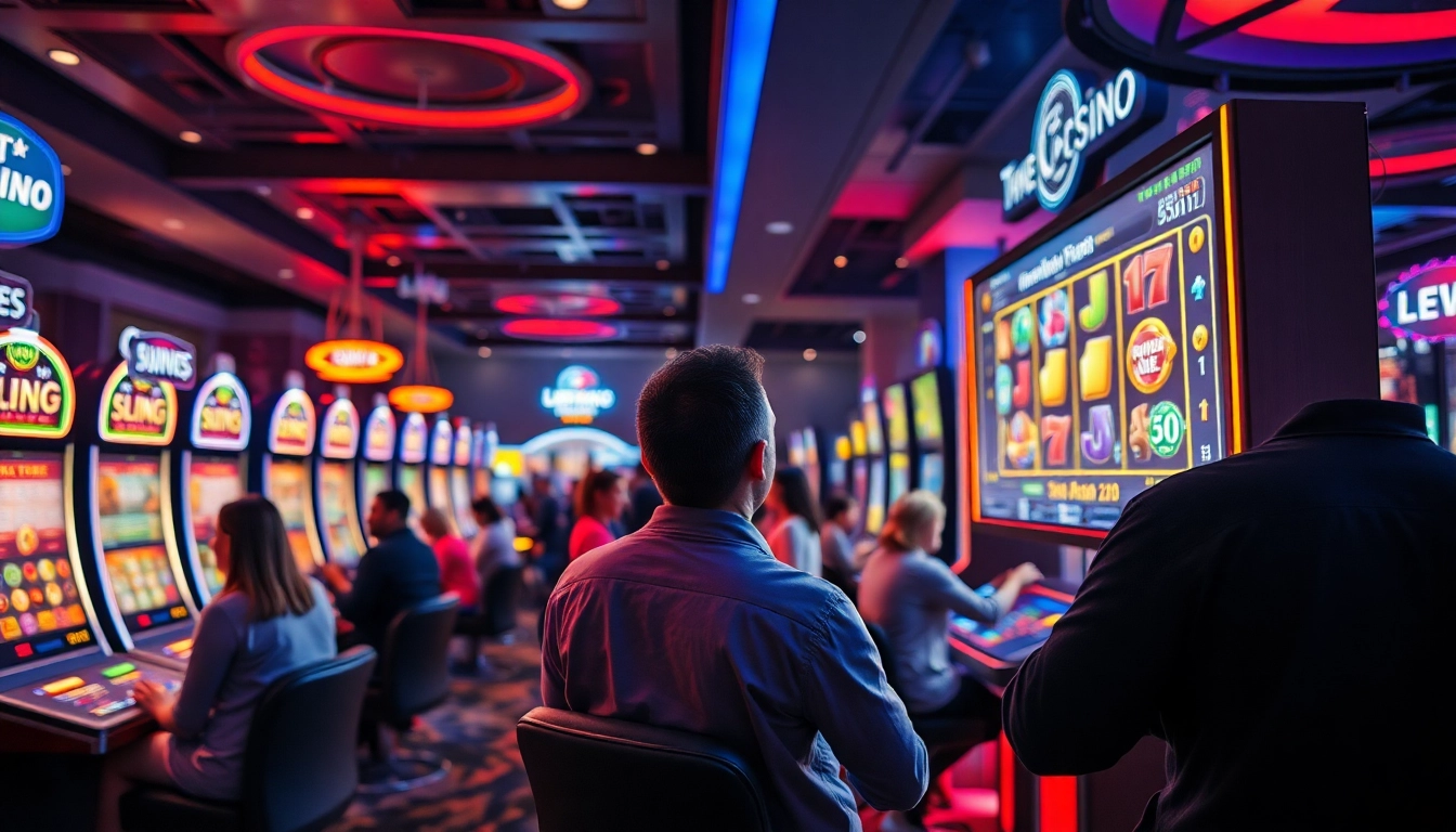 Erfahren Sie die zeitgemäße Aufregung von auslaendische online Casinos mit einem lebhaften Bild von Spielern und elektrisierenden Spieltischen.