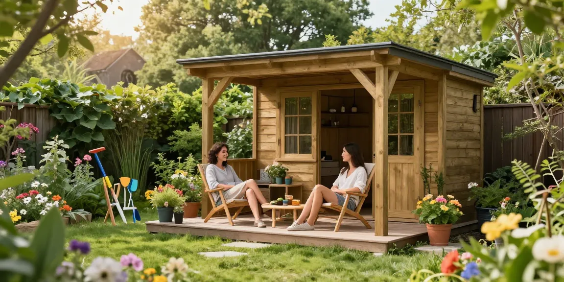 Gartenhaus kaufen: Entspannen im eigenen Gartenhaus mit blühenden Pflanzen und gemütlichen Möbeln.