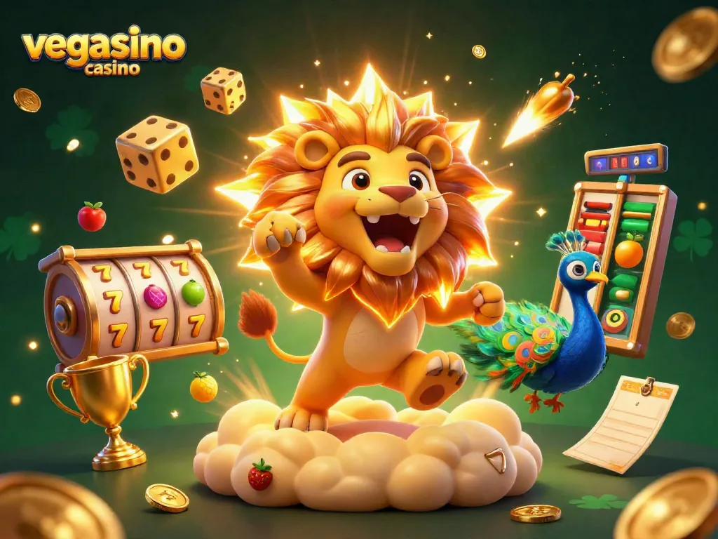 Engage in thrilling gameplay at vegasino casino, featuring a vibrant 3D scene with slot reels and casino symbols.