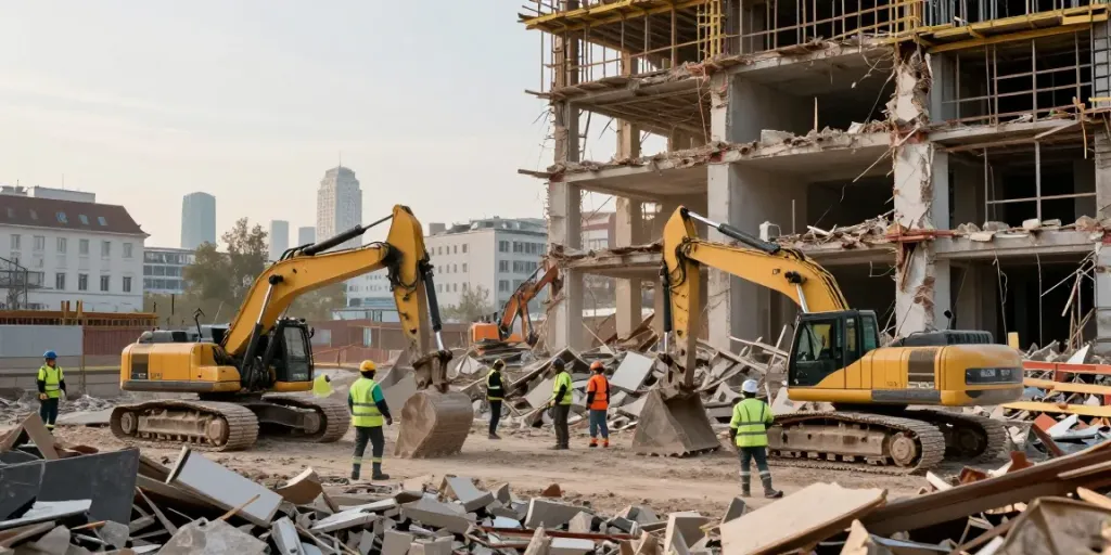 Abriss Wien Baustelle mit schweren Maschinen und Bauarbeitern bei der Demontage.