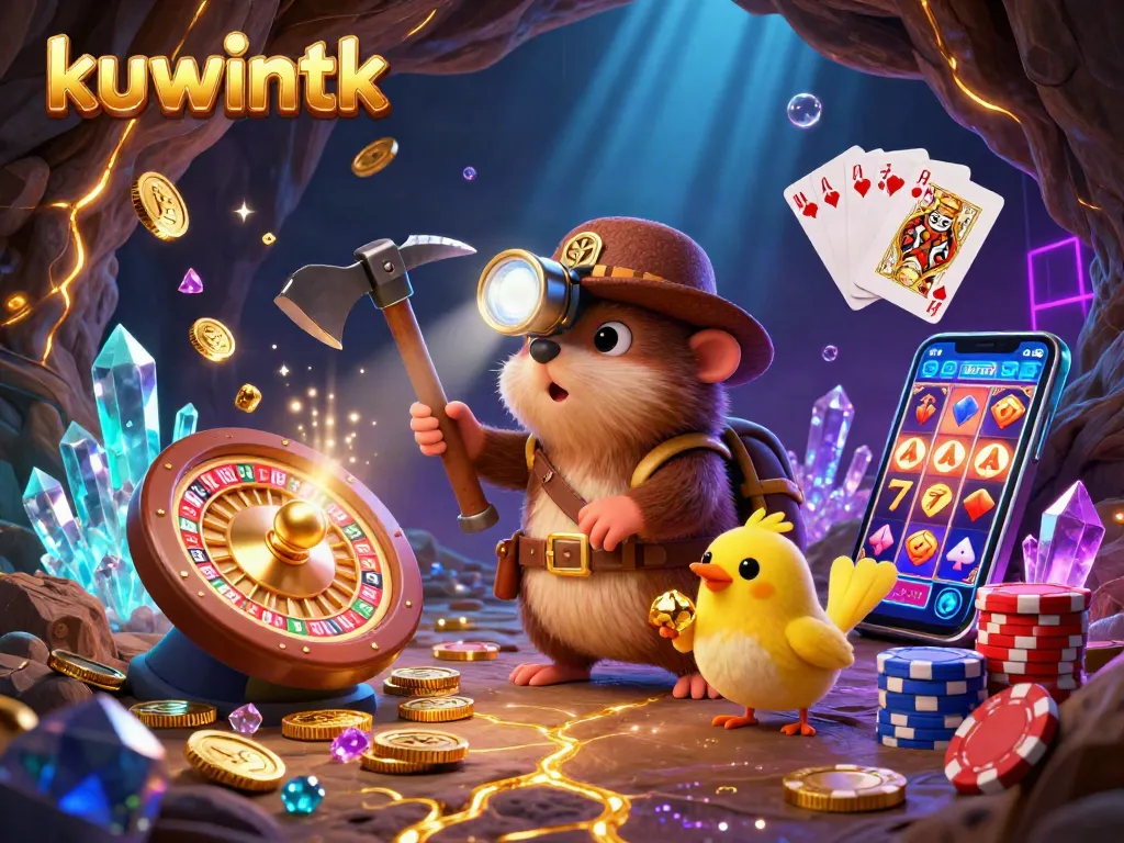 Experience the excitement of kuwintk with a treasure hunter in a glowing gem cave alongside dynamic casino elements.