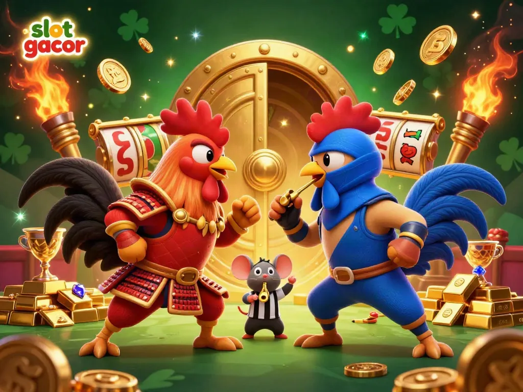 Experience the excitement of slot gacor with vibrant fighting roosters and dazzling casino treasures.