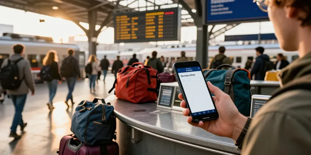 Zugtickets für Hin- und Rückfahrt werden an einem belebten Bahnhof gekauft mit Reisenden im Hintergrund.
