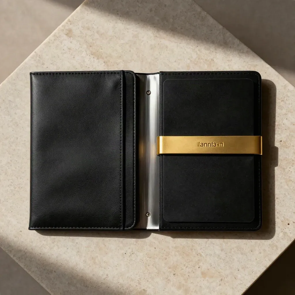 Schwarz-goldenes Heft-Bundle mit Metallkante auf hellem Stein, von oben fotografiert.