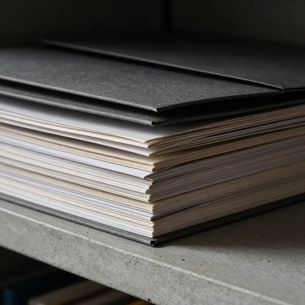 Makro von Archivmappen, Registertab und dunklem Umschlag im dramatischen Seitenlicht.