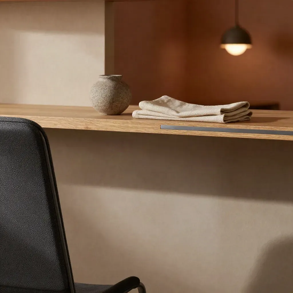 Warmes Executive-Lounge-Eck mit Holzregal, grauem Stuhl und sanftem Lampenglühen.