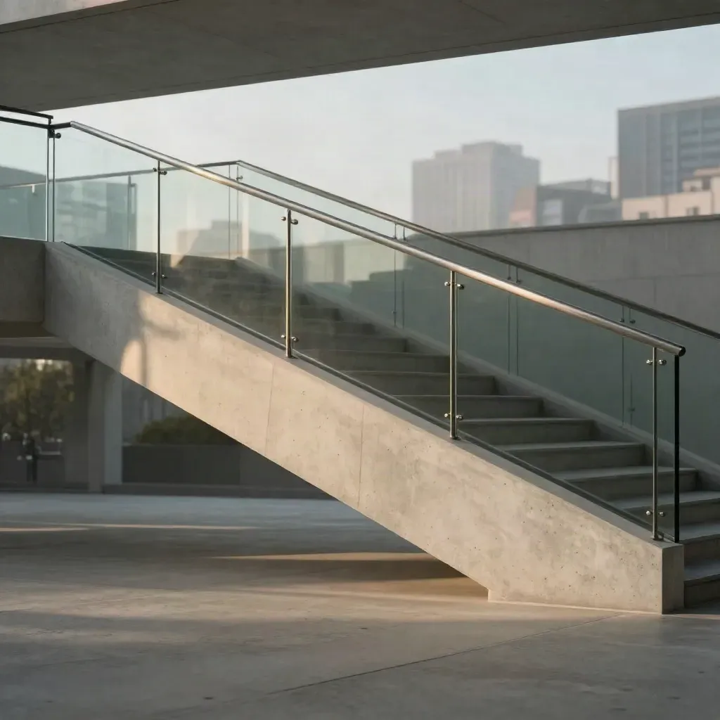 Gläsernes Treppenpodest mit Beton, Stahl und hellem Stadtreflex im Licht.