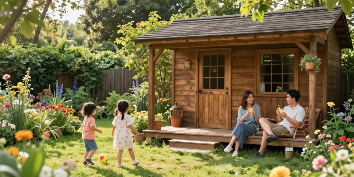 Stimmungsvolles Gartenhaus Holz umgeben von blühenden Pflanzen und spielenden Kindern