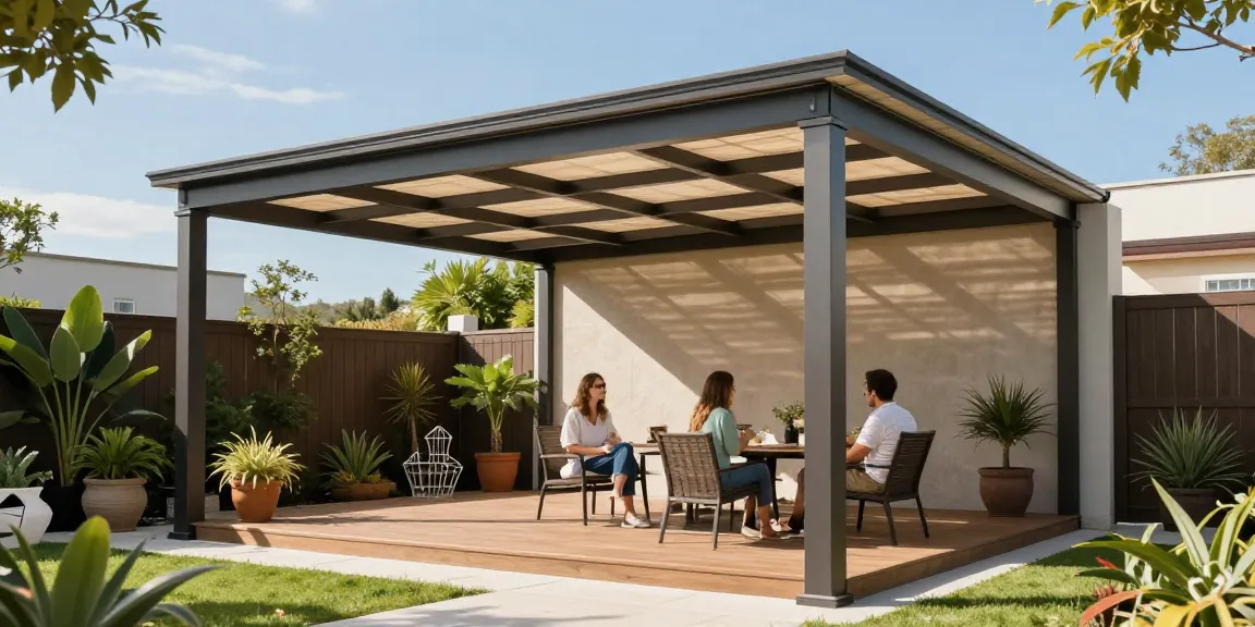 Freistehende Terrassenüberdachung in einem Garten, gemütliches Ambiente mit Paar unter dem Dach.