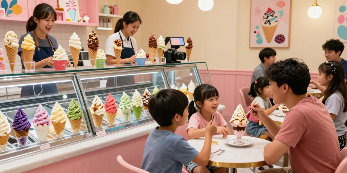 Excited customers enjoying varied extraordinary ice cream flavors at ROKOK88, highlighting the rokok88 login experience in a vibrant parlor atmosphere.