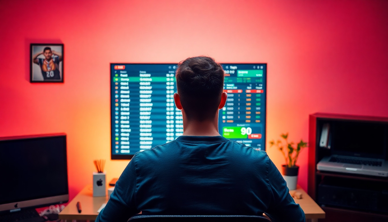 Junger Mann platziert mit Begeisterung Sportwetten über seinen Computer.