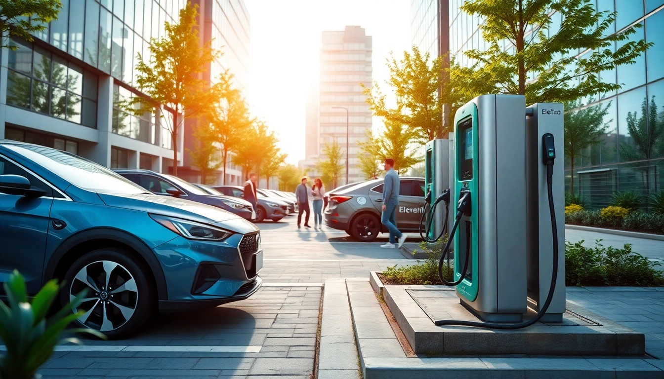 Elektroautos laden an einer modernen Ladestation in der Stadt mit urbaner Atmosphäre.