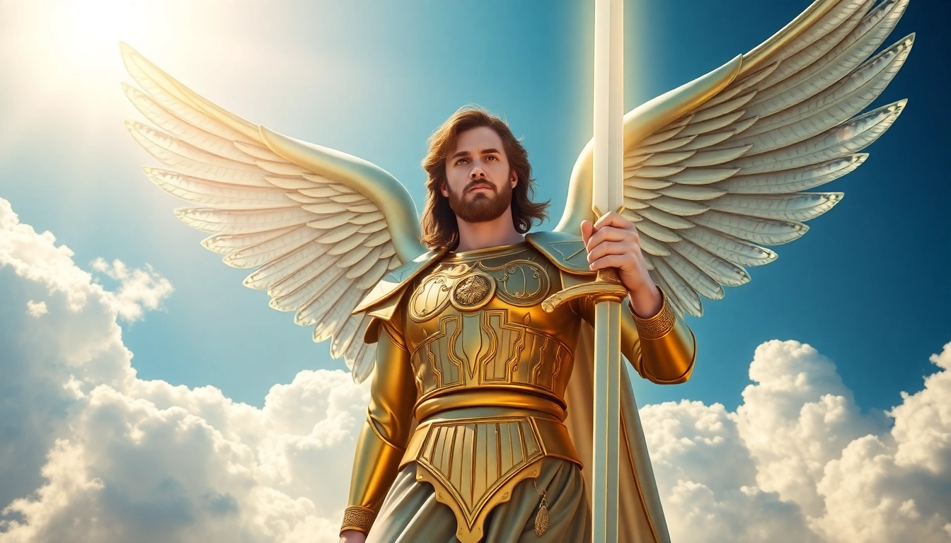 Erzengel Michael verteidigt den Glauben mit seinem strahlenden Schwert und himmlischem Licht.