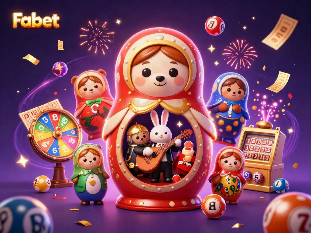 Fabet showcases an energetic casino scene with playful bears, lottery balls, and festive effects.