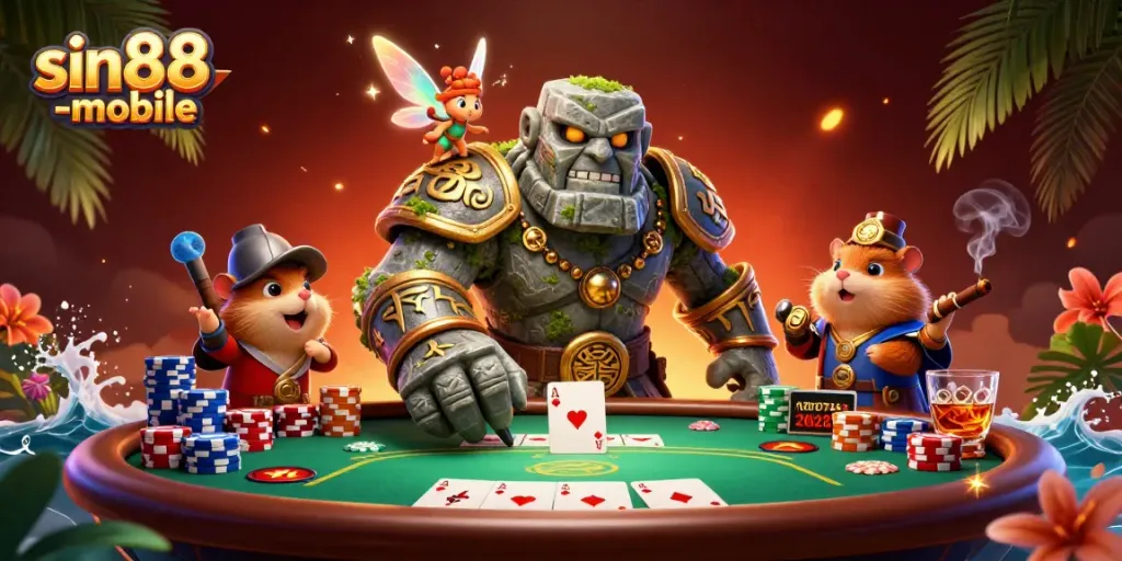 Engaging poker scene featuring sin88-mobile's unique characters in action-filled illustration