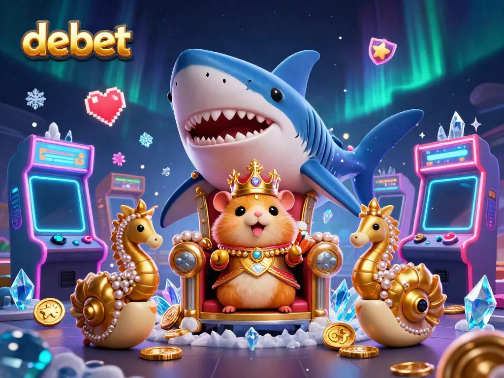 Engage in gaming adventures with debet, a fierce golden hamster king and his royal seahorse guards in a vibrant casino