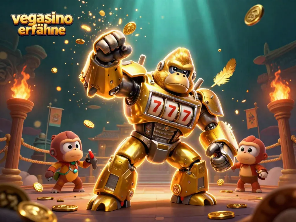 Experience vegasino erfahrungen with a dramatic scene featuring a golden gorilla mech and vibrant casino elements.