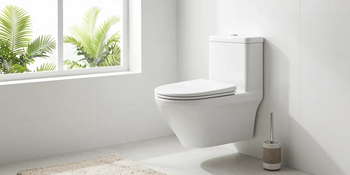 Moderne hangende wc pot prachtig geïntegreerd in een lichte badkameromgeving met planten en elegante accessoires.