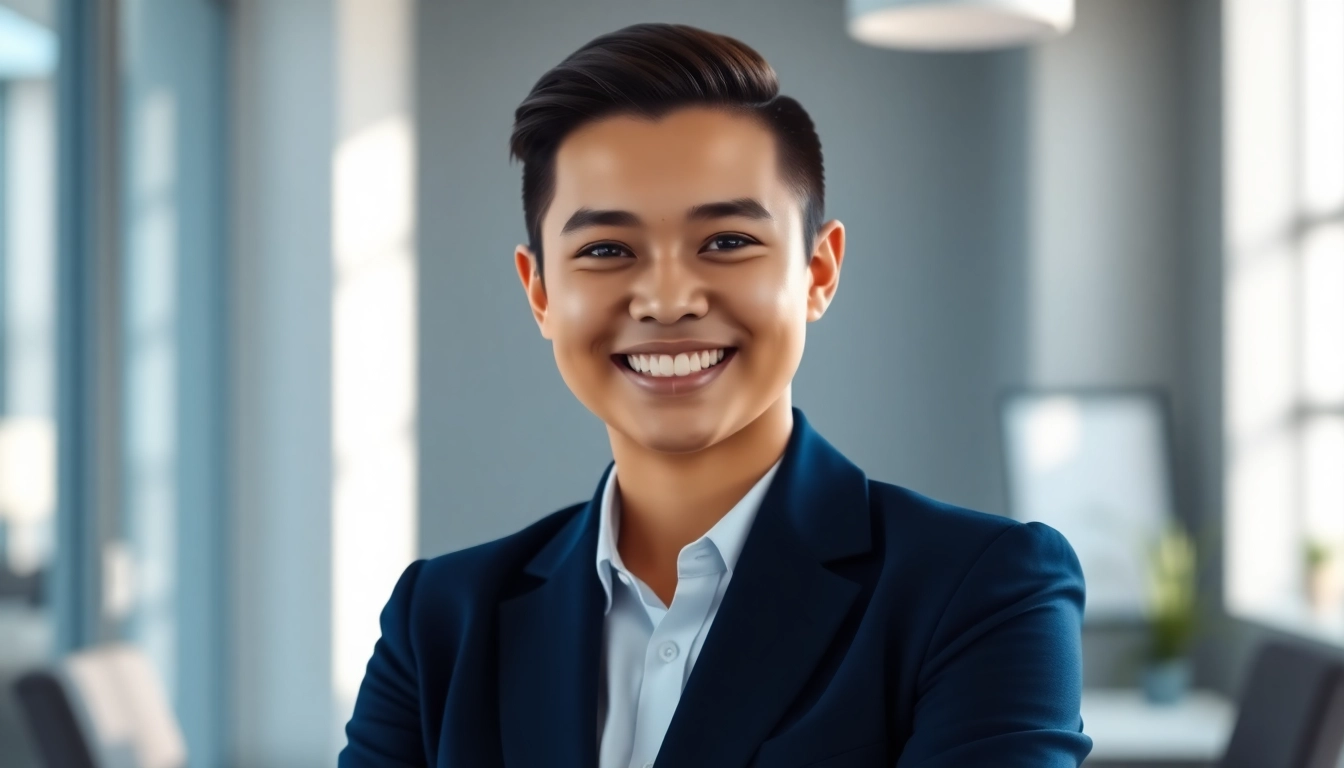 Utilize the best free AI headshot generator to create a professional-looking headshot of a young individual against an office backdrop.