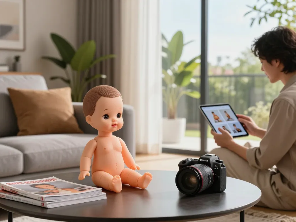 Sofort Lieferbar Plüsch-Sexpuppe in einem modernen Wohnzimmer präsentiert, einladende Atmosphäre.