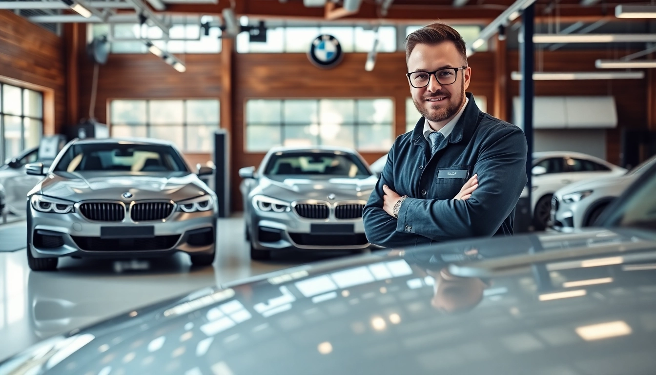 BMW Spezialist arbeitet in hochmodernem Autohaus mit glänzenden Fahrzeugen im Hintergrund.