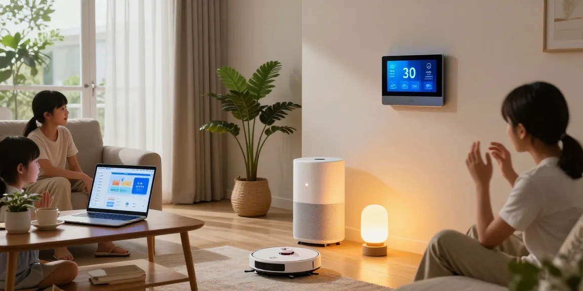 Smart Home Gadgets enhancing family life with interaction and comfort in a modern living room.