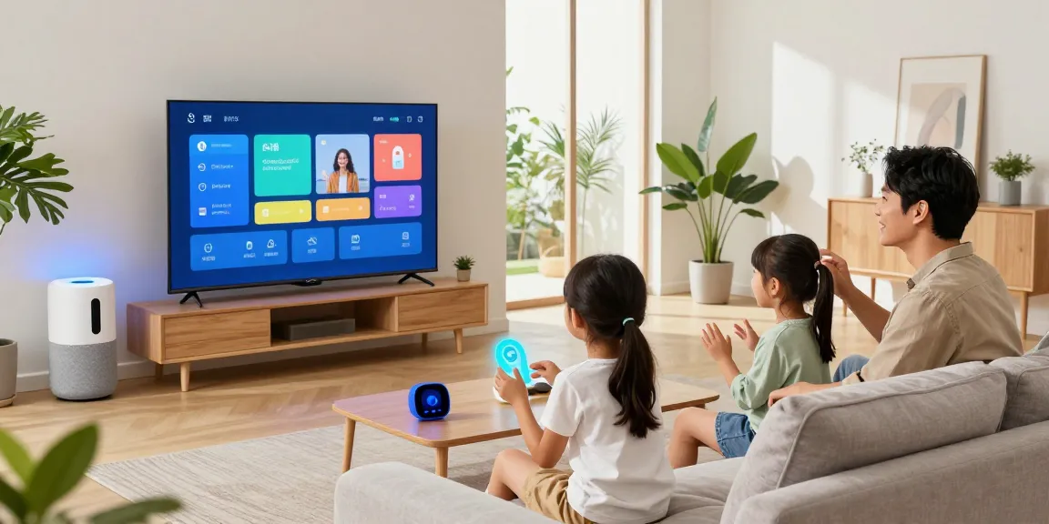 Family enjoying Smart Home Gadgets interaction in a cozy living room with vibrant decor.
