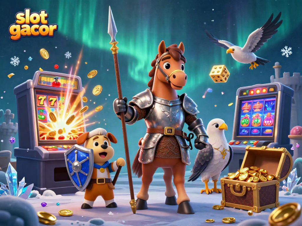 Experience the thrill of slot gacor with a medieval knight, puppy squire, and falcon amidst casino excitement.