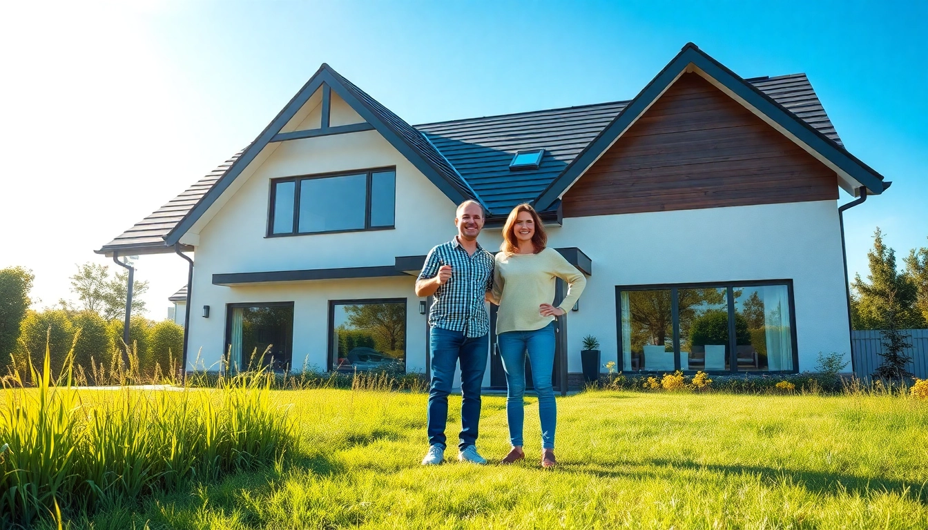 Begeistertes Paar zeigt stolz ihr neues Haus zum Kauf